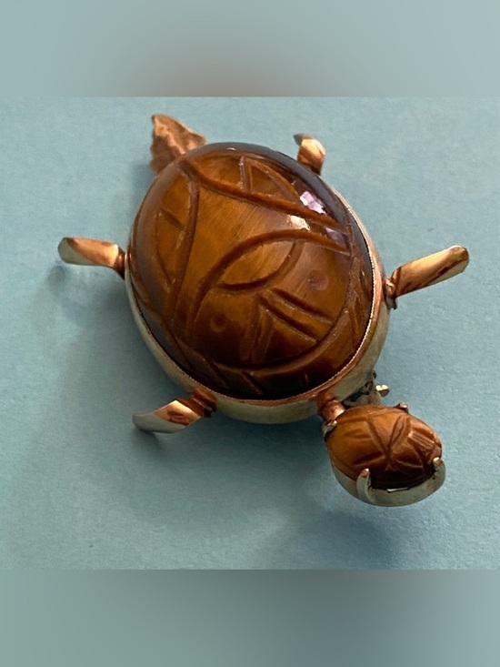 Vintage Jewelry - Vintage 60s 12K GF Tigers Eye Stone Carved Scarab Turtle Broach